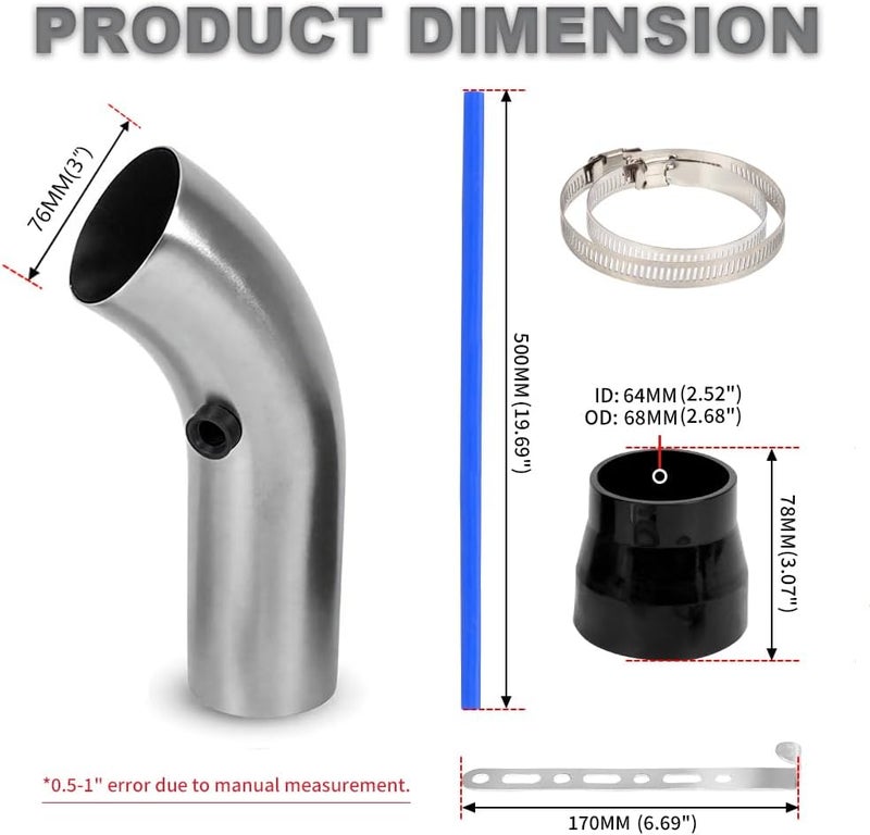 BARTOO 3 Inch Cold Air Intake Filter Pipe Curve Pipe, Aluminum Air Intake Elbow for Car Truck Turbo Piping, Silver - Image 2